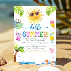 Invitación de Hola Verano Fiesta de Fin de Clases Diversión al Sol Playa Piscina Palmera Tropical Plantilla EDITABLE SU02P