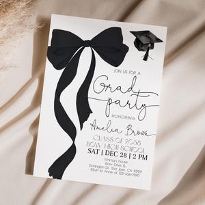 Graduation Party Invitation Coquette Black Bow Grad Party Invite Class of 2025 Graduate Announcement High School College EDITABLE HL94K