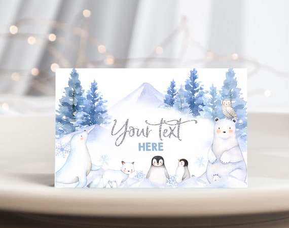 Baby Its Cold Outside Baby Shower Food Tents, Winter Onederland, Blue Polar Bear Arctic Animals Birthday Printable Place Card BS06B BT46B