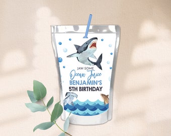 Shark Juice Pouch Labels Boy 1st Birthday Party Decor Under the Sea Ocean Pool Party Drink Labels Sharks Attack Summer Party Printable BT28