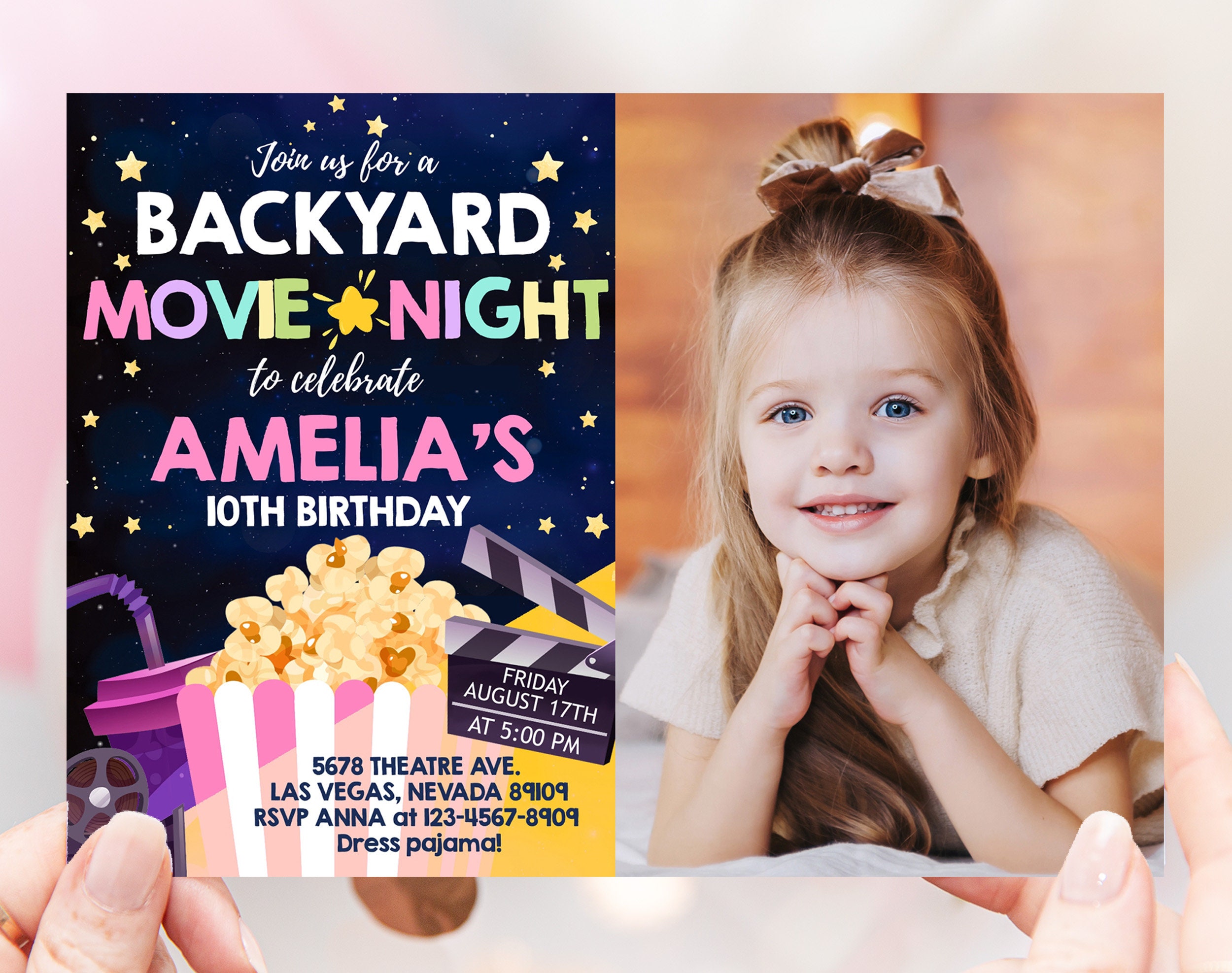 Backyard Movie Night Birthday Photo Invitation Under the Stars Invite ...