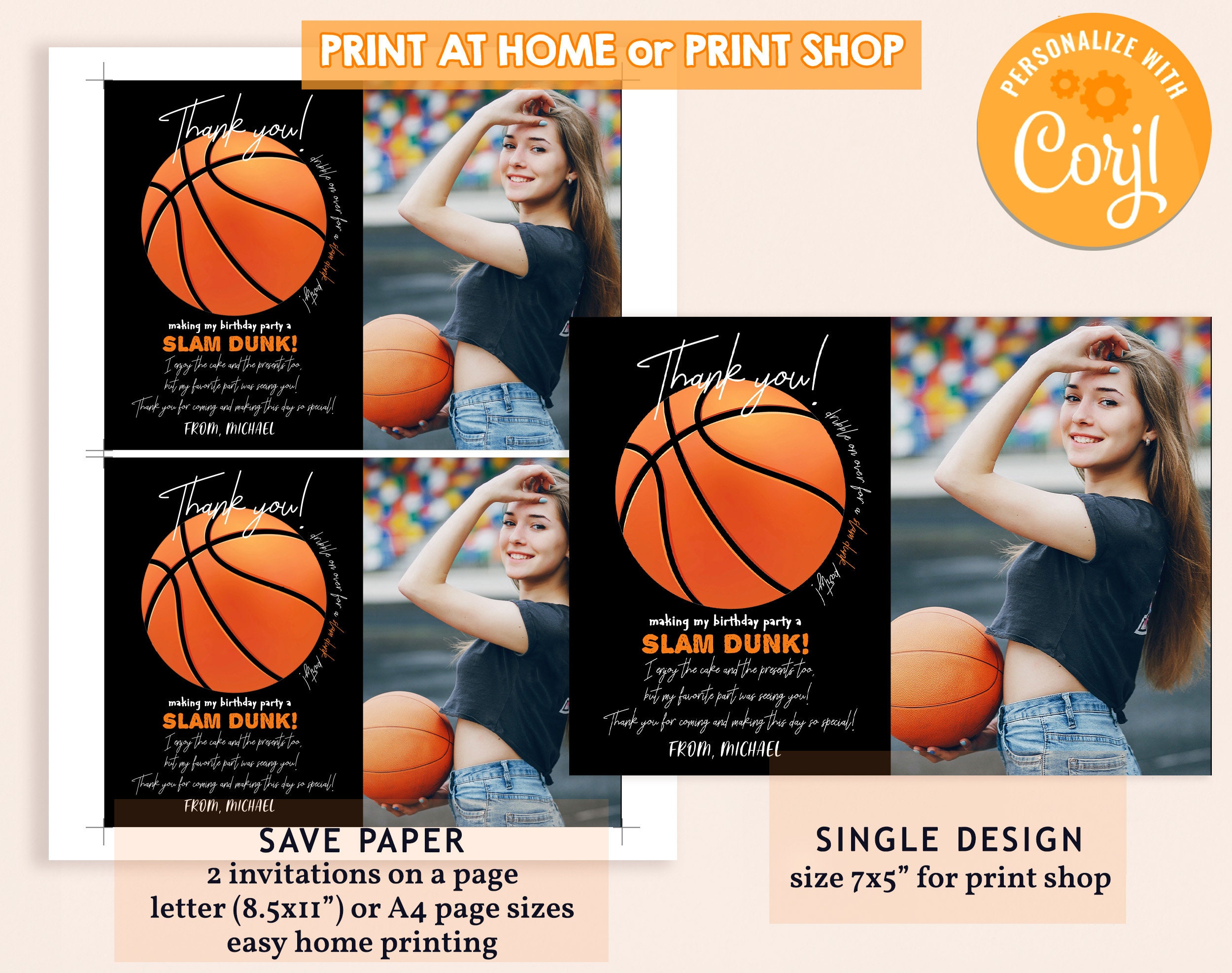 Basketball Photo Thank You Card Boy Girl Birthday Party Sports Team All ...