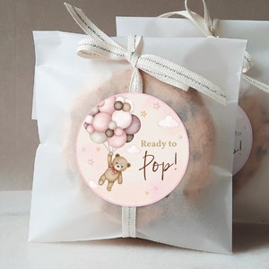 Etykiety na Baby Shower z misiem, gotowe do wystrzelenia, naklejki popcornu, różowe balony w stylu boho, etykiety na upominki z trawy pampasowej, podziękowania do wydrukowania, BS21P