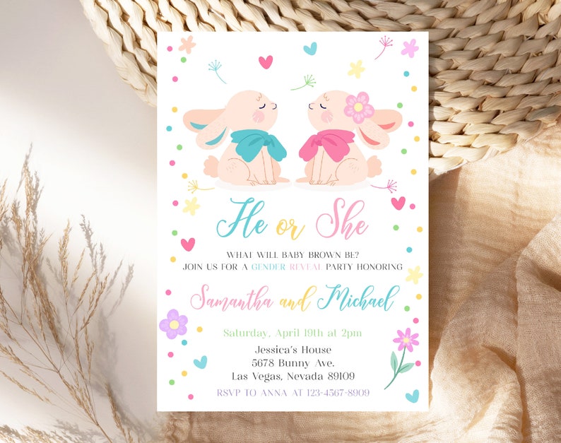 Easter Bunny Gender Reveal Invitation Party Invites Little Etsy