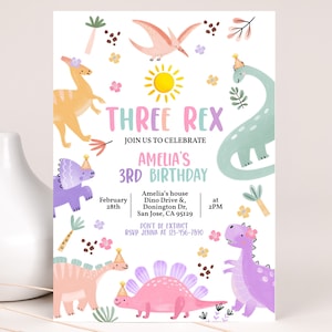 Pastel Dinosaur Birthday Invitation Girl 1st First Birthday Party Invite Cute Dino Jungle Animals Wild Stomp Chomp Roar RAWR EDITABLE BT98