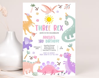 Pastel Dinosaur Birthday Invitation Three Rex 3rd Birthday Party Invite Pink Purple Cute Dino Jurassic Jungle Wild Animals EDITABLE BT98
