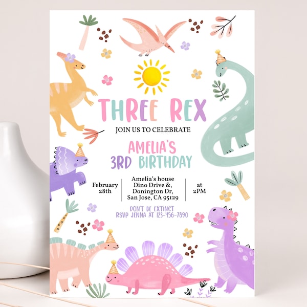 Pastel Dinosaur Birthday Invitation Girl 1st First Birthday Party Invite Cute Dino Jungle Animals Wild Stomp Chomp Roar RAWR EDITABLE BT98