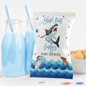 Haifisch-Babyparty-Chip Taschenetiketten Baby-Dusche-gender Neutral Dekor unter dem Meer Ozean Pool Party Snack Leckereien Tasche bedruckbar BS48