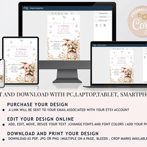 May include: Editable digital invitation for a first birthday party. The invitation features a cute bunny rabbit holding a bouquet of flowers. The text on the invitation reads "[Name] is turning one".