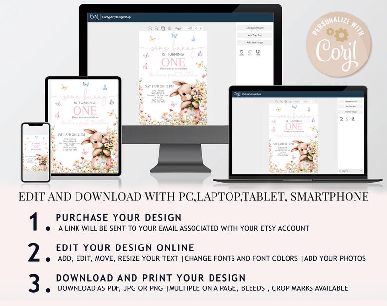 May include: Editable digital invitation for a first birthday party. The invitation features a cute bunny rabbit holding a bouquet of flowers. The text on the invitation reads "[Name] is turning one".