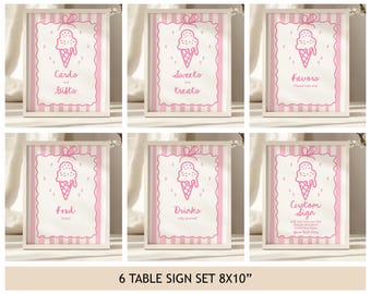 Ice Cream Birthday Table Sign Set, Here's the Scoop Poster Bundle, Coquette Pink Bow Hand Drawn Ribbon, Summer Party Decor EDITABLE CT25P