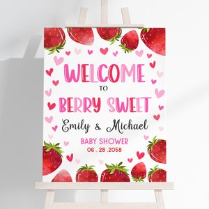 Strawberry Baby Shower Welcome Sign Berry Sweet Girl Gender Neutral Party Poster Summer Fruit Yard Sign Pink Red Porch Sign EDITABLE BS16P
