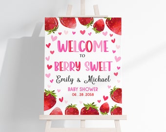 Strawberry Baby Shower Welcome Sign Berry Sweet Girl Gender Neutral Party Poster Summer Fruit Yard Sign Pink Red Porch Sign EDITABLE BS16P