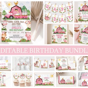 Farm Birthday Invitation Bundle Barn Animals Invite Set Pink Barnyard Animals Party Decor Greenery Floral Ranch Cow Pig Lamb EDITABLE AT12P