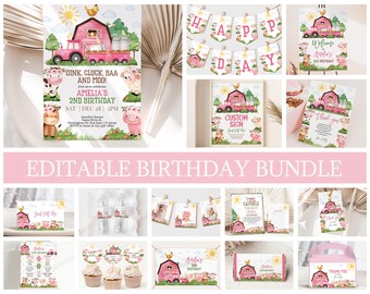 Farm Birthday Invitation Bundle Barn Animals Invite Set Pink Barnyard Animals Party Decor Greenery Floral Ranch Cow Pig Lamb EDITABLE AT12P