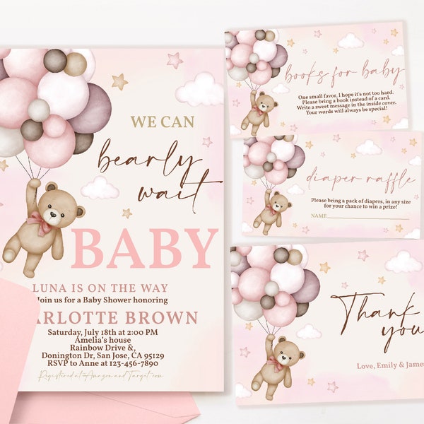 Teddy Bear Baby Shower Invitation Bundle We Can Bearly Wait Invite Set Baby Sprinkle Suite Boho Pink Balloons Kit EDITABLE Template BS21P