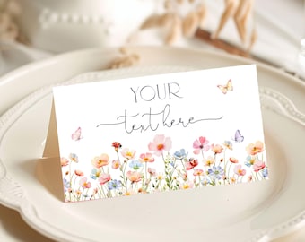 Etiquetas para comida de cumpleaños con diseño de flores silvestres, etiquetas para comida de baby shower con temática de flores de primavera, rosas y moradas, decoración floral con mariposas, tarjetas de lugar AS30P AT69P