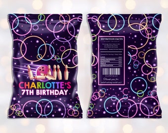 Bowling Chip Bag Birthday Party Favor Neon Glow Bowling Snack Wrapper Gift Treat Bag Laser Decor Sports Theme Blue Black Template BT25P