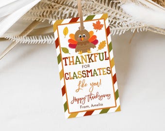 Thankful For Classmates Like You Tag, Thanksgiving Turkey Gift Tags, Kids Classroom Party Favor Tag, Fall Autumn Treat Tag Printable HL47O