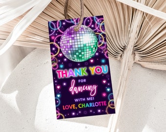May include: A purple thank you tag with a disco ball, neon circles, and stars. The text reads "Thank You for dancing with me! Love, Charlotte".