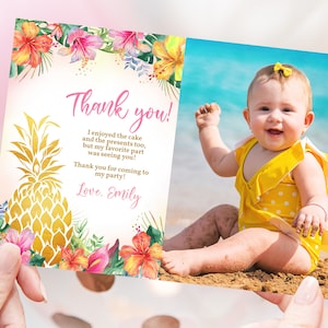 Luau Birthday Thank You Card Girl 1st Birthday Thank You Note Hawaiian Tropical Summer Party Aloha Gold Pineapple Pink Floral EDITABLE AT02P