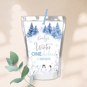 Winter Onederland Saft Beutel Etiketten Wunderland Junge Mädchen 1.Geburtstag Gastgeschenke Eisbär Getränk Etikett Arktische Tiere Printable BT46B