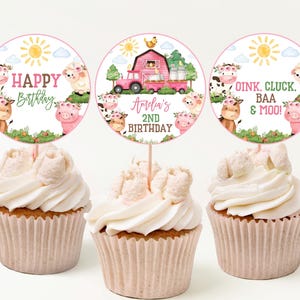 Bauernhof Geburtstag Cupcake Toppers Scheune Tiere Party Dekor Rosa Barnyard Tier Greenery Floral Ranch Kuh Schwein Lamm Dessert Label Printable AT12P