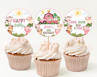 Farm Birthday Cupcake Toppers Barn Animals Party Decor Pink Barnyard Animal Greenery Floral Ranch Cow Pig Lamb Dessert Label Printable AT12P