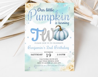 Pumpkin Birthday Invitation Boy 2nd Birthday Party Invite Our Little Pumpkin Patch Fall Autumn Blue Watercolor Blush EDITABLE Template BT22