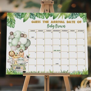 May include: A white baby shower calendar with the text "GUESS THE ARRIVAL DATE OF Baby Brown." The calendar grid is surrounded by green leaves and grass. A safari-themed illustration features animals in a jeep and balloons.