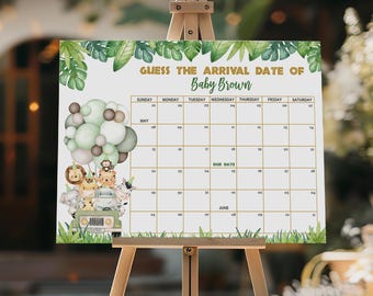 Safari Baby Shower Due Date Calendar Game Wild One Jungle Zoo Animals Guess Babys Birthday Date Tropical Gold Arrival Sign EDITABLE BS47G