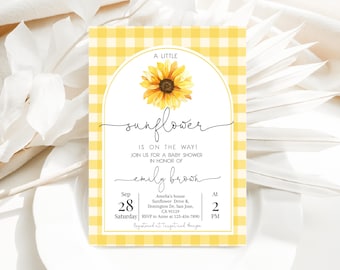 Sunflower Baby Shower Invitation Girl A Little Sunflower Invite Fall Yellow Floral Boho Rustic Autumn Summer Flower Gingham EDITABLE AS57Y