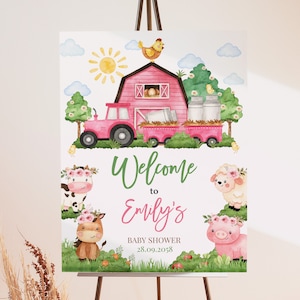 Placa de boas-vindas para chá de bebê na fazenda, decoração para festa de animais de celeiro, animais de fazenda rosa, vegetação, floral, rancho, vaca, porco, cordeiro, pôster para varanda, editável, BS62P