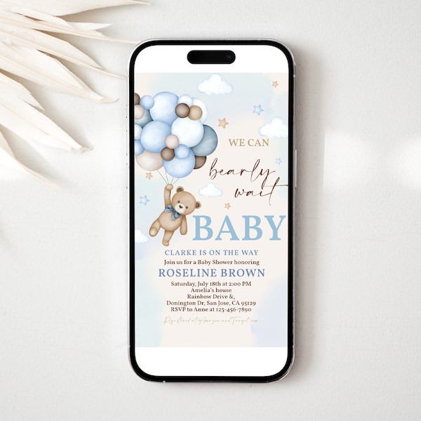 Teddy Bear Baby Shower Evite We Can Bearly Wait Invite Blue Pampas Grass Boho Balloon Mobile Phone Electronic Text Invitation EDITABLE BS21B