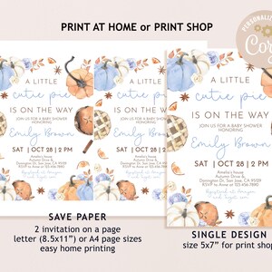 Puede incluir: Invitaciones para baby shower con tem&aacute;tica oto&ntilde;al. El dise&ntilde;o presenta calabazas en acuarela naranja y azul, rebanadas de pastel y palitos de canela. El texto dice "A Little Cutie Pie is on the Way" con detalles del evento.