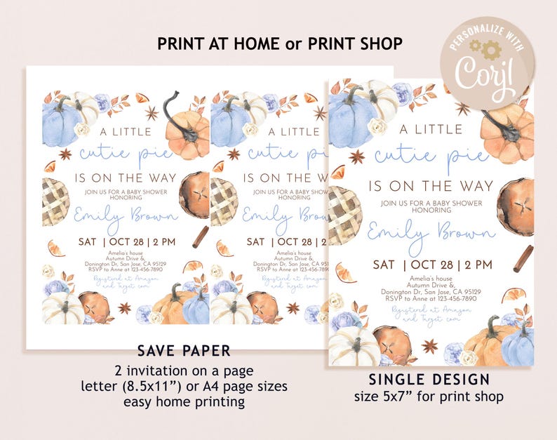 Puede incluir: Invitaciones para baby shower con tem&aacute;tica oto&ntilde;al. El dise&ntilde;o presenta calabazas en acuarela naranja y azul, rebanadas de pastel y palitos de canela. El texto dice "A Little Cutie Pie is on the Way" con detalles del evento.