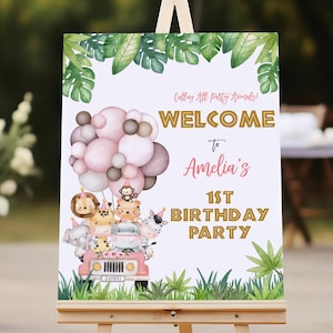 Safari Birthday Welcome Sign Jungle Animals Girl Wild One Party Poster Zoo Tropical Pink Balloons Decor Gold Green Porch EDITABLE BT96P