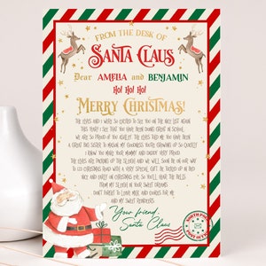 Könnte beinhalten: Ein festlicher Weihnachtsbrief vom Weihnachtsmann, adressiert an Amelia und Benjamin. Der Brief hat einen rot-grünen Rand, Rentierillustrationen und den Text "Frohe Weihnachten!" Der Weihnachtsmann ist unten abgebildet.
