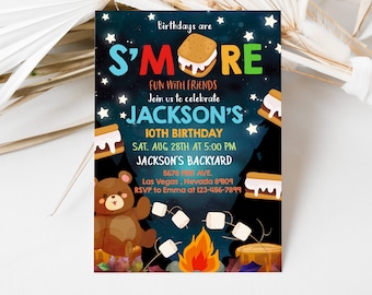 Smore Invitation Birthday Party Bonfire Invite Camp Fun Picnic Fall Outdoor Campfire Printable EDITABLE Instant Download Template BTD015