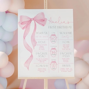 Noeud rose anniversaire jalon signe coquette fille 1er anniversaire affiche élégante décoration de fête ruban rose noeud aquarelle tableau à thème MODIFIABLE AT63P