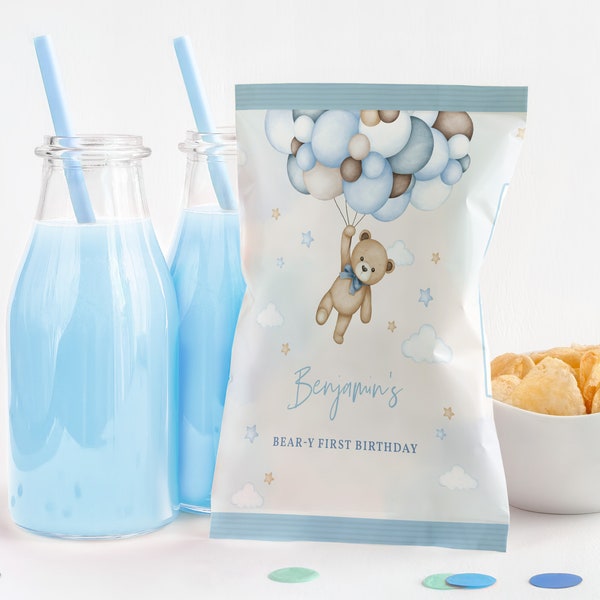 Étiquette de sac à jetons ours en peluche pour le premier 1er anniversaire de Beary, sac de friandises pour garçon, cadeaux de fête, herbe de pampa bleue, emballage de ballons modèle MODIFIABLE BT81B