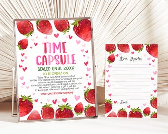 Strawberry Time Capsule Sign Berry First Birthday Party Guestbook Girl 1st Birthday Decor Berry Sweet One Summer Fruit EDITABLE BT37P