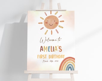 Sunshine Birthday Welcome Sign Boho Sun Rainbow Summer Party Poster First Trip Around The Sun Decor EDITABLE Front Porch Sign Template AT13