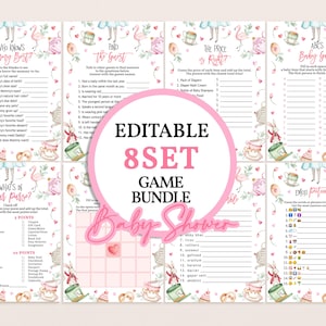 May include: Editable 8-piece game bundle for a baby shower. The games are themed around Alice in Wonderland with pink and white watercolor illustrations. The games include: Who Knows Mommy Best?, Find the Guest, The Price is Right?, ABCs Baby Game, What's in Your Purse?, Bingo, Emoji Dictionary.