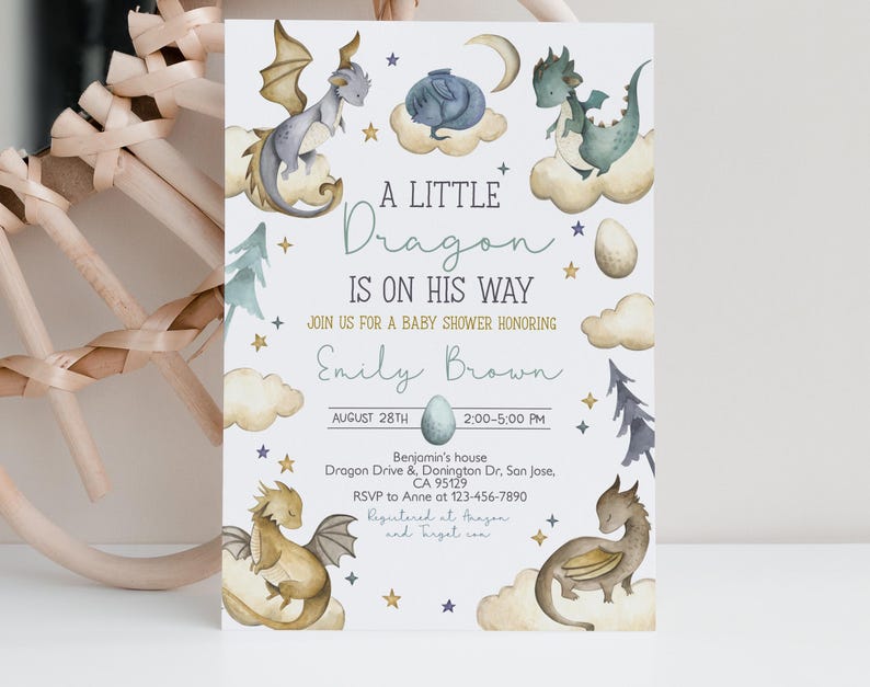 May include: A baby shower invitation with a watercolor illustration of a blue dragon. The invitation reads "A Little Dragon Is On His Way" and includes the name "Emily Brown" and the date "August 28th".