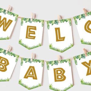 Safari Baby Shower Banner Boy Jungle Gender Neutral Party Decor Zoo Jungle Animals Garland Gold Wild One Bunting EDITABLE Photo Prop BS47G