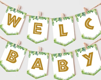 Safari Baby Shower Banner Boy Jungle Gender Neutral Party Decor Zoo Jungle Animals Garland Gold Wild One Bunting EDITABLE Photo Prop BS47G