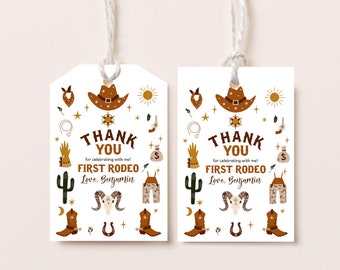 Western Favor Tags Western Party Gift Tags Wild West Birthday Party Decor Cowboy 1st First Rodeo Thank You Label Printable Template BT82E