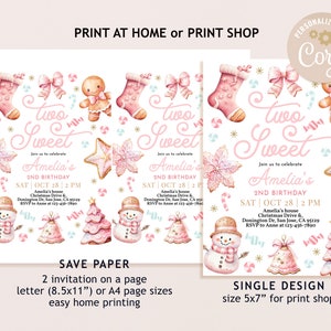 May include: Two pink and white printable invitations for a 2nd birthday party with a winter theme. The invitations feature a gingerbread person, a snowman, a Christmas tree, and a stocking. The text on the invitations reads "Two Sweet Amelia's 2nd Birthday".