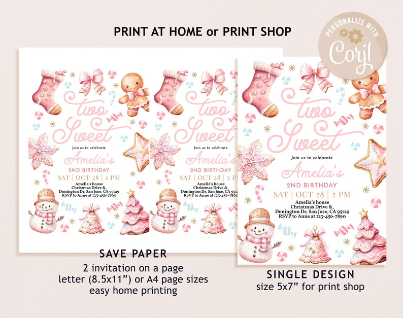May include: Two pink and white printable invitations for a 2nd birthday party with a winter theme. The invitations feature a gingerbread person, a snowman, a Christmas tree, and a stocking. The text on the invitations reads "Two Sweet Amelia's 2nd Birthday".